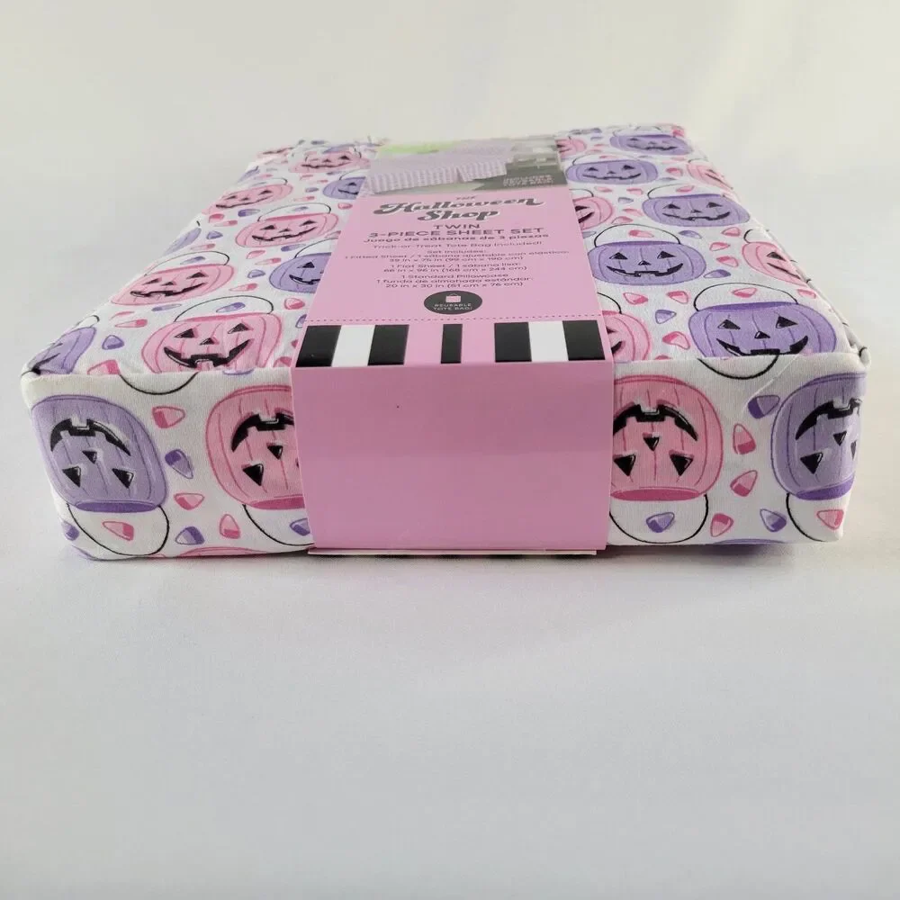 Halloween Pink Purple White TWIN 3pc Sheets Set Trick Treat Buckets Candy Corn